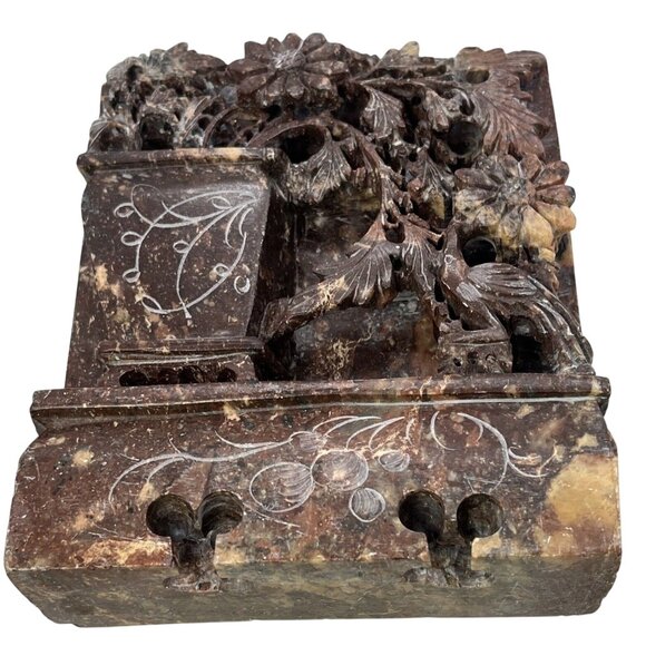Handcarved Soapstone  Flower Pot & Peacock Reddish Brown Bookend MCM - Picture 13 of 15